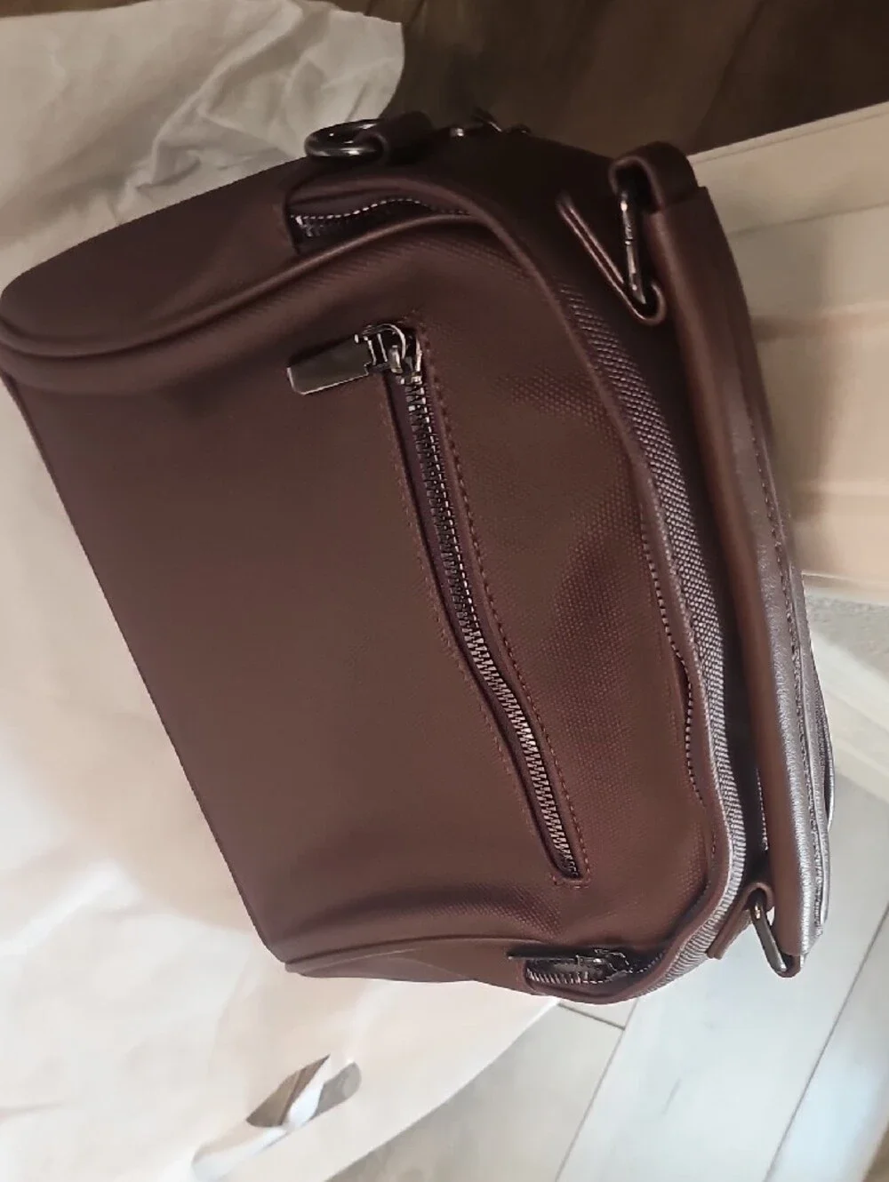 Textured Brown Crossbody Bag with Front Zip Pocket